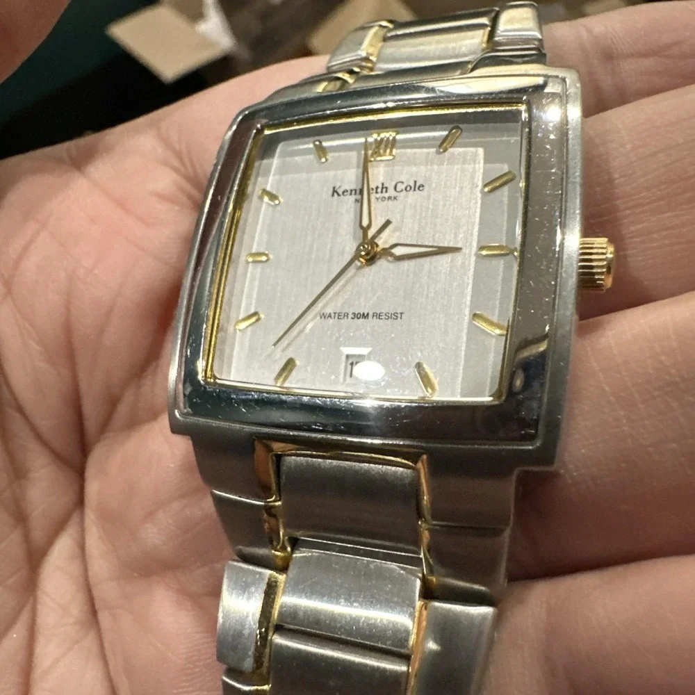 Working Kenneth Cole Square Men's Watch All Steel Two Tone Date 32.5mm 8in